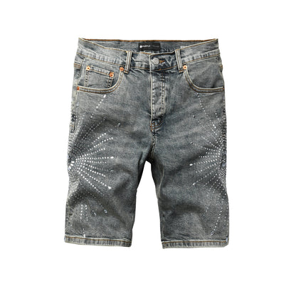 Men’s Gray Washed Denim Shorts with Shiny Studded Sunburst Pattern Streetwear Fashion Style 5093