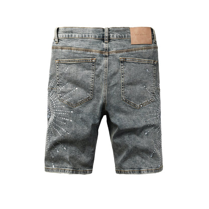 Men’s Gray Washed Denim Shorts with Shiny Studded Sunburst Pattern Streetwear Fashion Style 5093