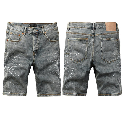 Men’s Gray Washed Denim Shorts with Shiny Studded Sunburst Pattern Streetwear Fashion Style 5093