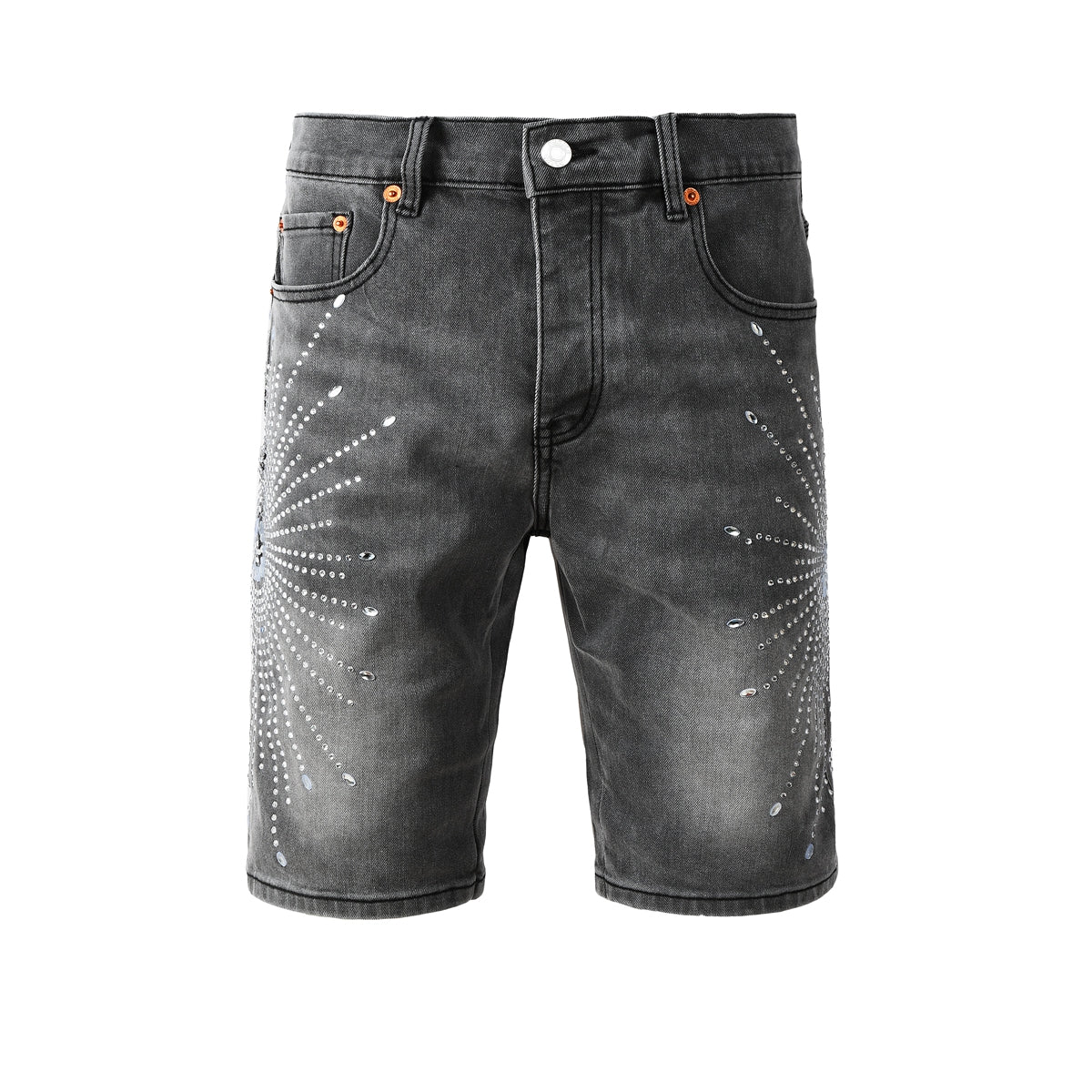Men’s Grey Washed Denim Shorts with Sparkling Studded Sunburst Design Streetwear Fashion Style 5094