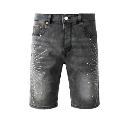 Men’s Grey Washed Denim Shorts with Sparkling Studded Sunburst Design Streetwear Fashion Style 5094