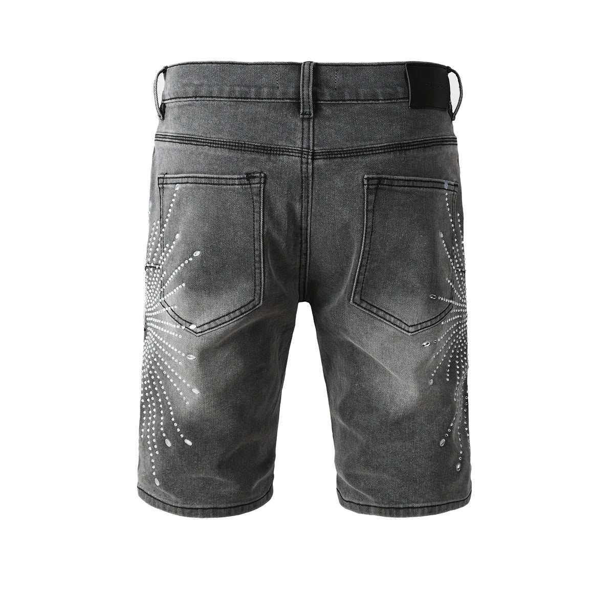 Men’s Grey Washed Denim Shorts with Sparkling Studded Sunburst Design Streetwear Fashion Style 5094