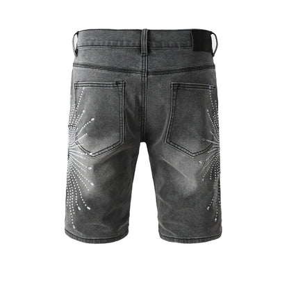 Men’s Grey Washed Denim Shorts with Sparkling Studded Sunburst Design Streetwear Fashion Style 5094