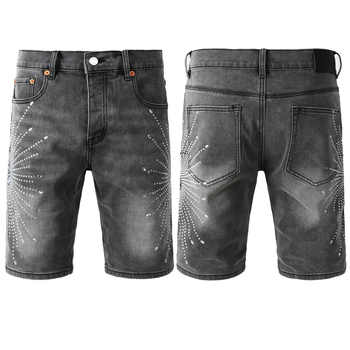 Men’s Grey Washed Denim Shorts with Sparkling Studded Sunburst Design Streetwear Fashion Style 5094