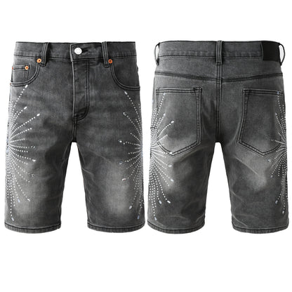 Men’s Grey Washed Denim Shorts with Sparkling Studded Sunburst Design Streetwear Fashion Style 5094