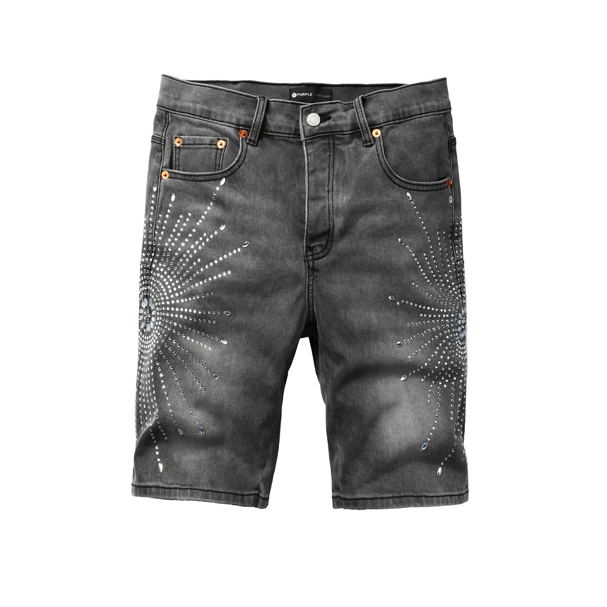 Men’s Grey Washed Denim Shorts with Sparkling Studded Sunburst Design Streetwear Fashion Style 5094