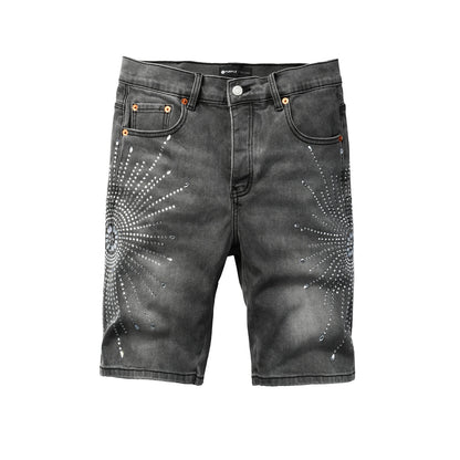 Men’s Grey Washed Denim Shorts with Sparkling Studded Sunburst Design Streetwear Fashion Style 5094