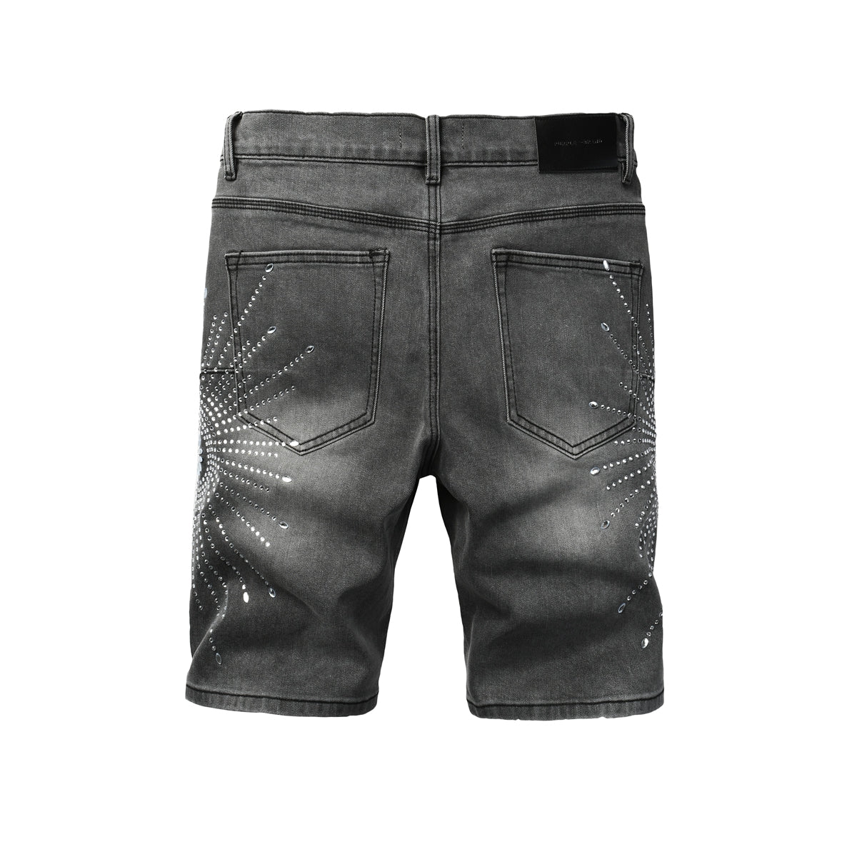 Men’s Grey Washed Denim Shorts with Sparkling Studded Sunburst Design Streetwear Fashion Style 5094