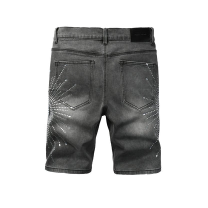 Men’s Grey Washed Denim Shorts with Sparkling Studded Sunburst Design Streetwear Fashion Style 5094