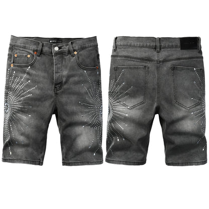 Men’s Grey Washed Denim Shorts with Sparkling Studded Sunburst Design Streetwear Fashion Style 5094