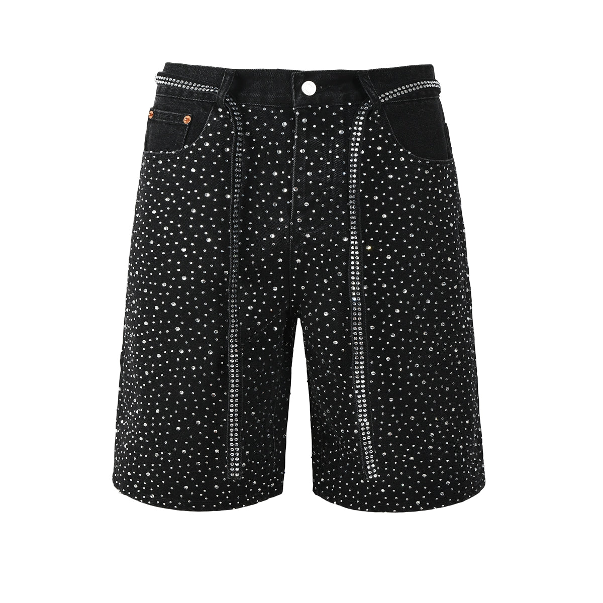 Mens Black Denim Shorts with Allover Rhinestone Embellishments and Sparkling Party Street Style 5095