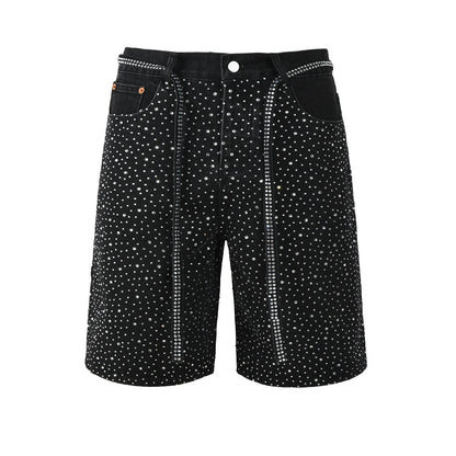 Mens Black Denim Shorts with Allover Rhinestone Embellishments and Sparkling Party Street Style 5095