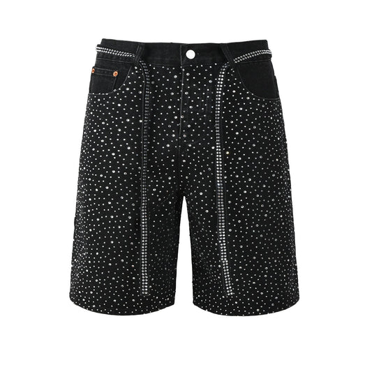 Mens Black Denim Shorts with Allover Rhinestone Embellishments and Sparkling Party Street Style 5095