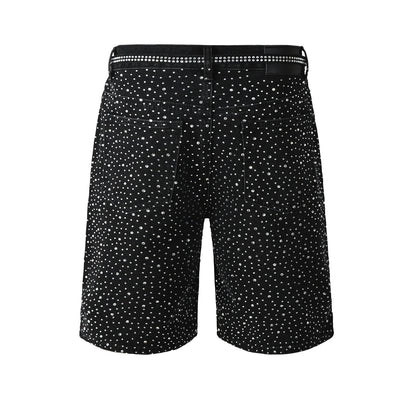 Mens Black Denim Shorts with Allover Rhinestone Embellishments and Sparkling Party Street Style 5095