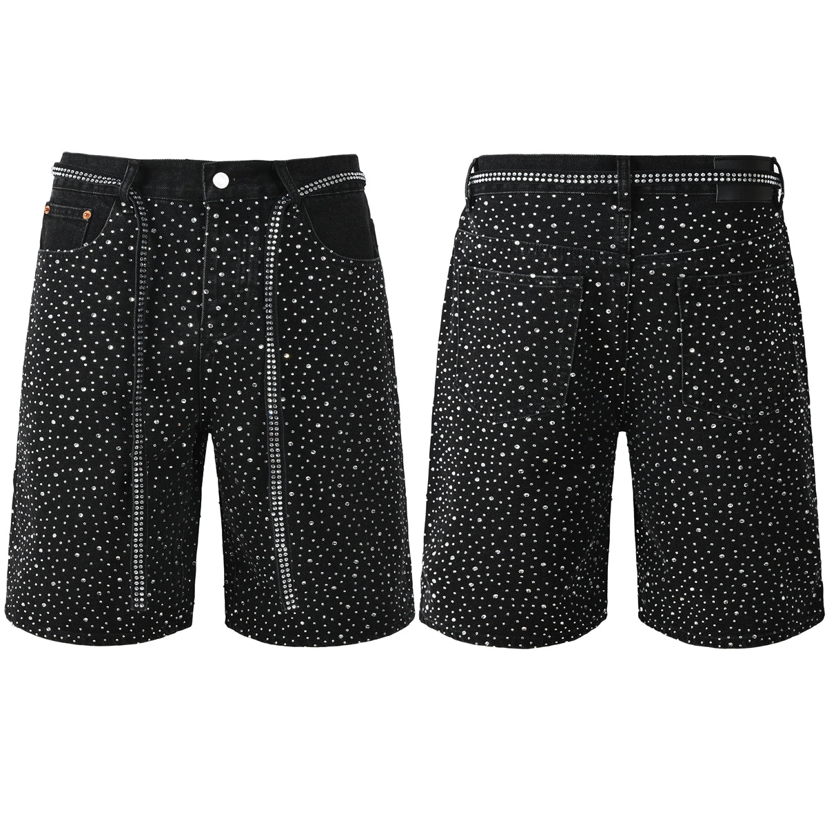 Mens Black Denim Shorts with Allover Rhinestone Embellishments and Sparkling Party Street Style 5095