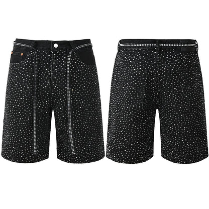Mens Black Denim Shorts with Allover Rhinestone Embellishments and Sparkling Party Street Style 5095