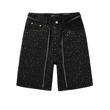 Mens Black Denim Shorts with Allover Rhinestone Embellishments and Sparkling Party Street Style 5095