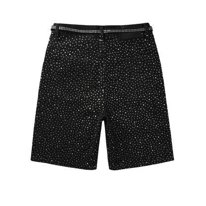 Mens Black Denim Shorts with Allover Rhinestone Embellishments and Sparkling Party Street Style 5095