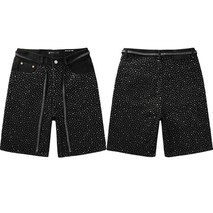 Mens Black Denim Shorts with Allover Rhinestone Embellishments and Sparkling Party Street Style 5095
