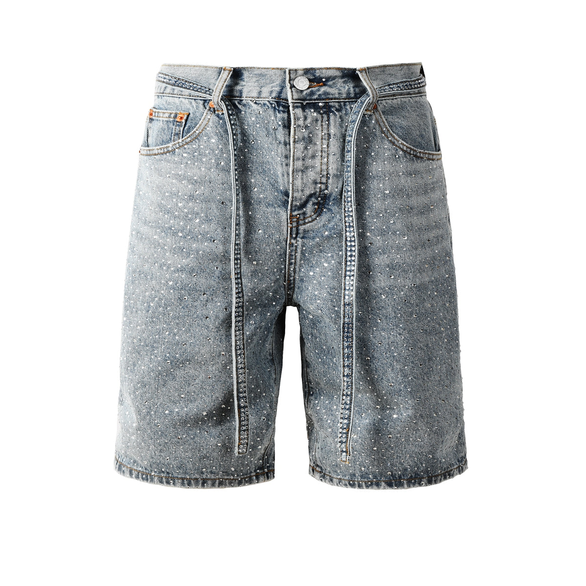 Mens Light Blue Denim Shorts with Sparkling Rhinestones Stylish Summer Streetwear Look 5096