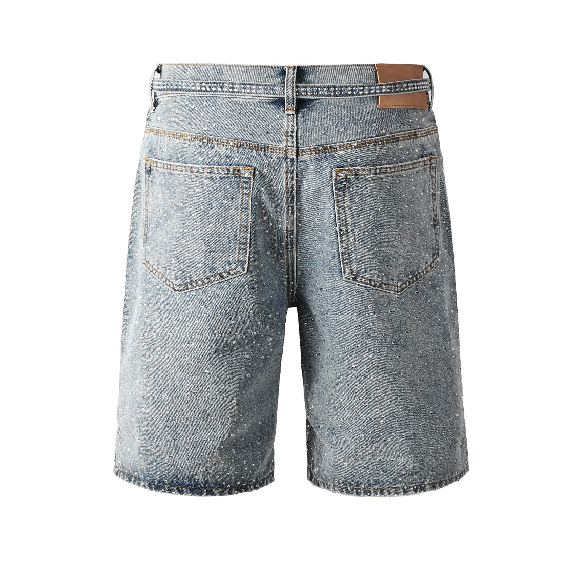 Mens Light Blue Denim Shorts with Sparkling Rhinestones Stylish Summer Streetwear Look 5096