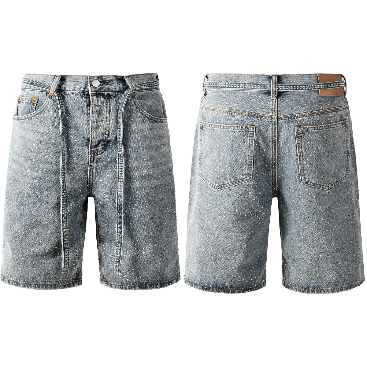 Mens Light Blue Denim Shorts with Sparkling Rhinestones Stylish Summer Streetwear Look 5096