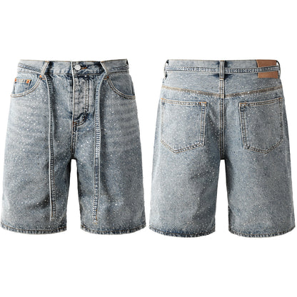 Mens Light Blue Denim Shorts with Sparkling Rhinestones Stylish Summer Streetwear Look 5096