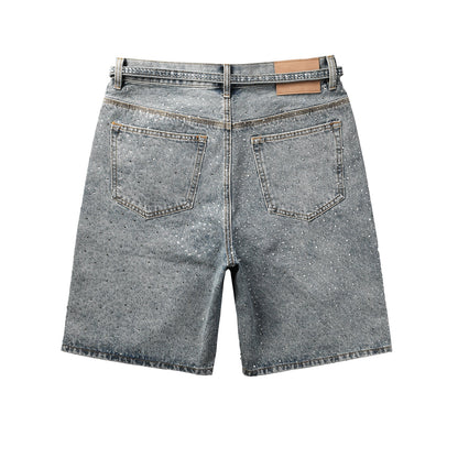 Mens Light Blue Denim Shorts with Sparkling Rhinestones Stylish Summer Streetwear Look 5096