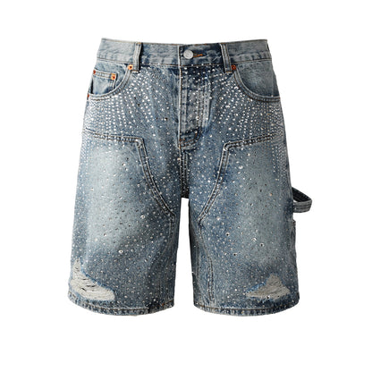 Mens Light Blue Rhinestone Denim Cargo Shorts Distressed Multi Pocket Streetwear Style 5097