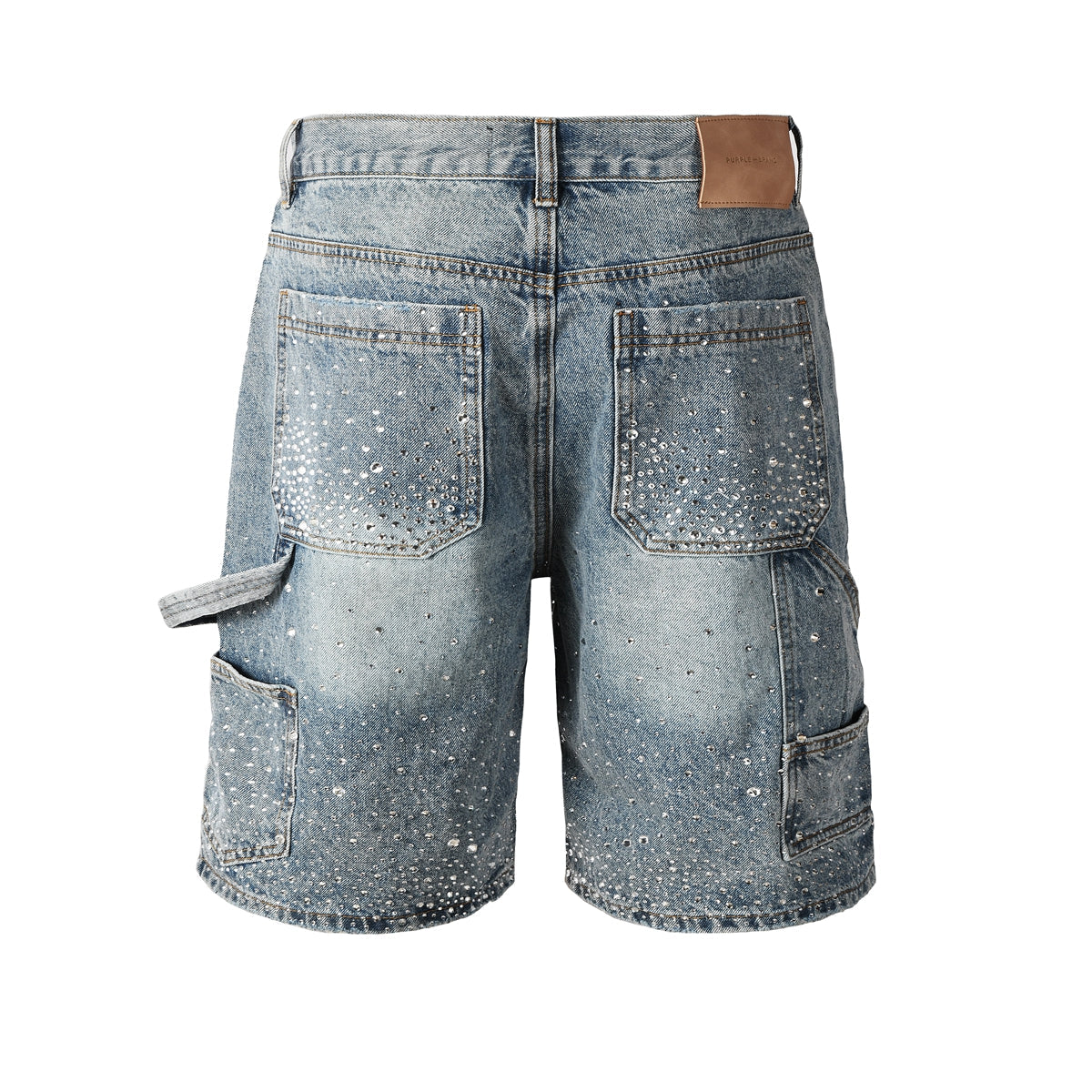 Mens Light Blue Rhinestone Denim Cargo Shorts Distressed Multi Pocket Streetwear Style 5097
