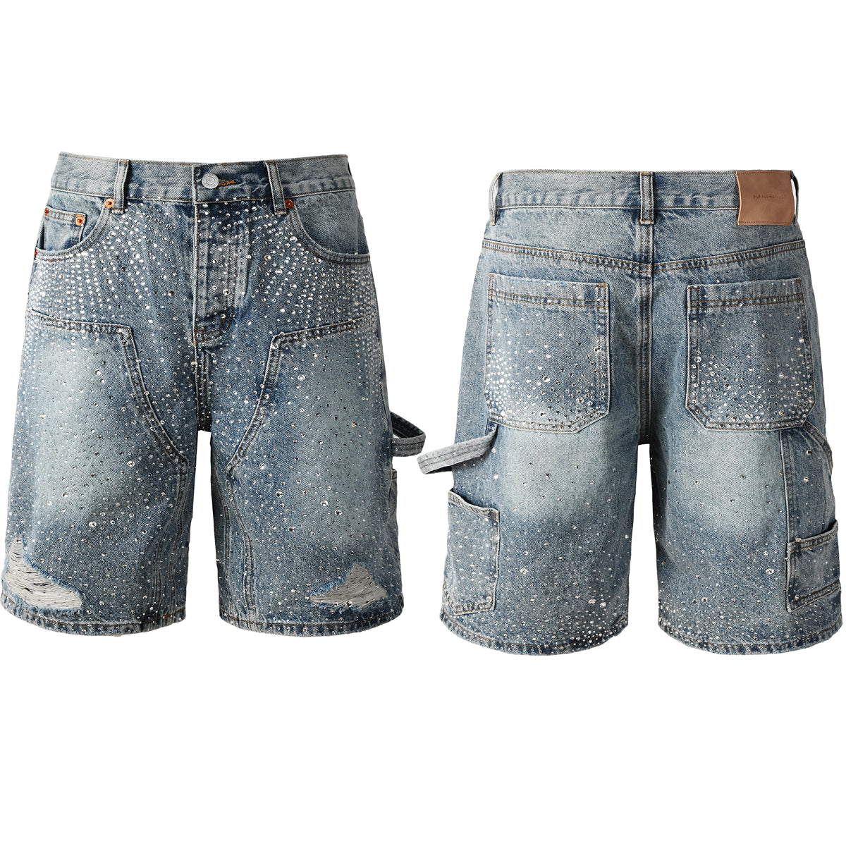 Mens Light Blue Rhinestone Denim Cargo Shorts Distressed Multi Pocket Streetwear Style 5097