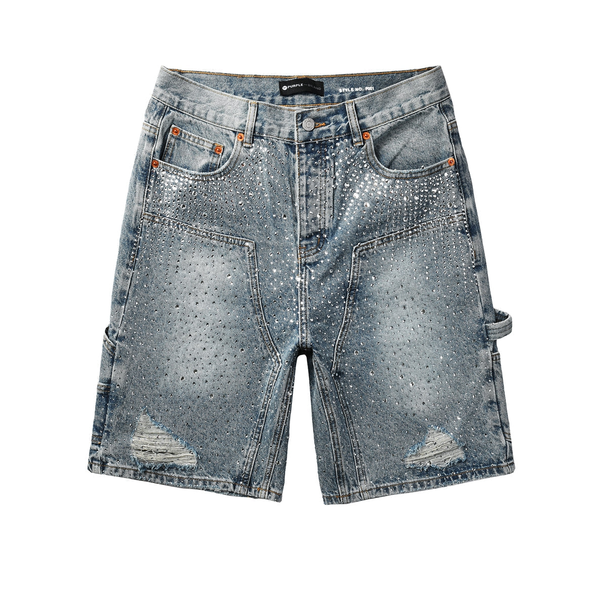 Mens Light Blue Rhinestone Denim Cargo Shorts Distressed Multi Pocket Streetwear Style 5097