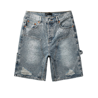 Mens Light Blue Rhinestone Denim Cargo Shorts Distressed Multi Pocket Streetwear Style 5097