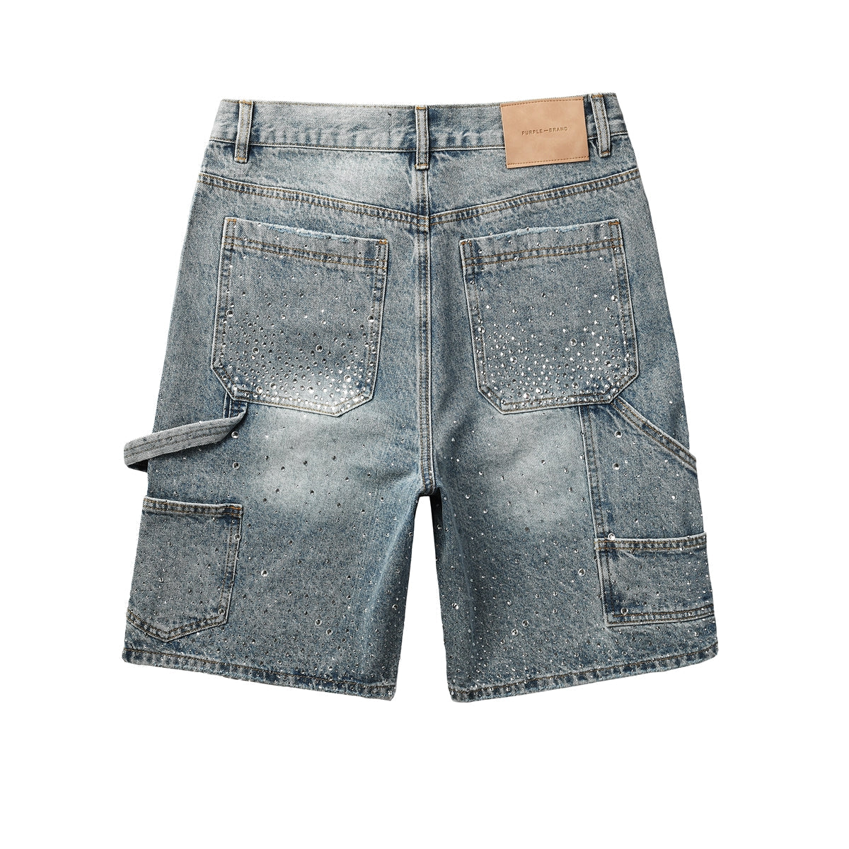 Mens Light Blue Rhinestone Denim Cargo Shorts Distressed Multi Pocket Streetwear Style 5097