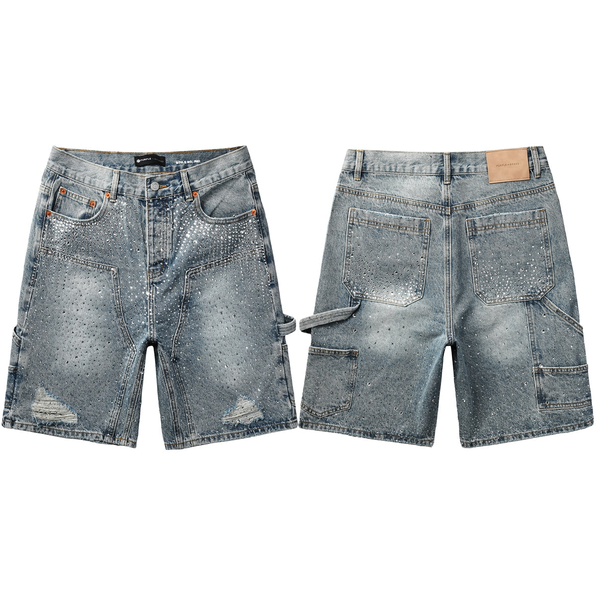 Mens Light Blue Rhinestone Denim Cargo Shorts Distressed Multi Pocket Streetwear Style 5097