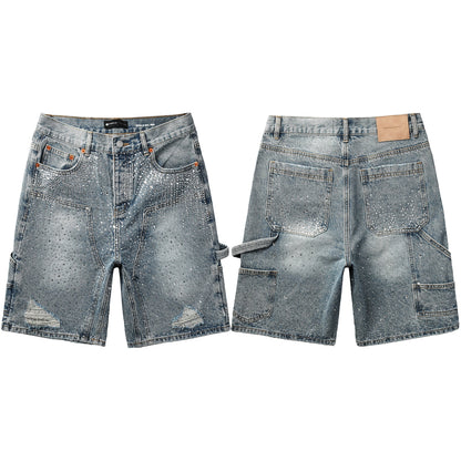 Mens Light Blue Rhinestone Denim Cargo Shorts Distressed Multi Pocket Streetwear Style 5097