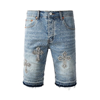 Men’s Light Blue Denim Shorts with Rhinestone Cross Embellishments and Sparkling Studs 5098
