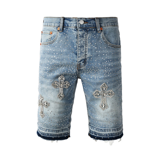 Men’s Light Blue Denim Shorts with Rhinestone Cross Embellishments and Sparkling Studs 5098