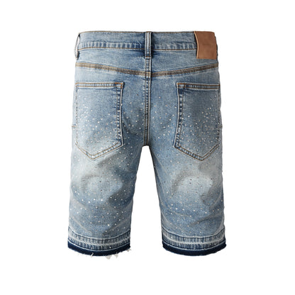 Men’s Light Blue Denim Shorts with Rhinestone Cross Embellishments and Sparkling Studs 5098
