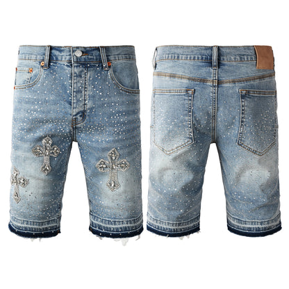 Men’s Light Blue Denim Shorts with Rhinestone Cross Embellishments and Sparkling Studs 5098