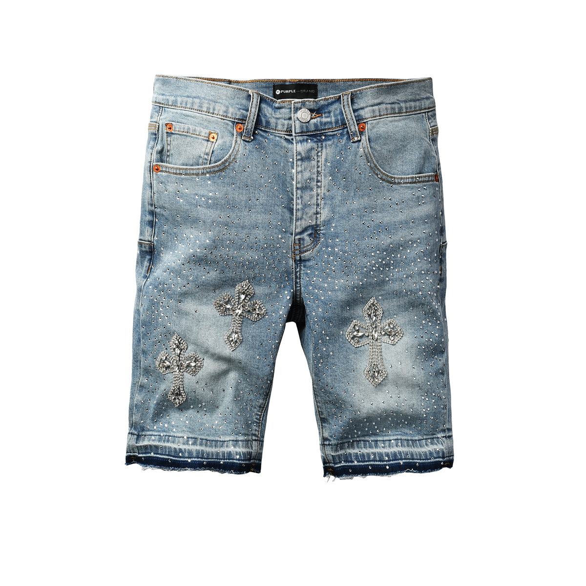 Men’s Light Blue Denim Shorts with Rhinestone Cross Embellishments and Sparkling Studs 5098