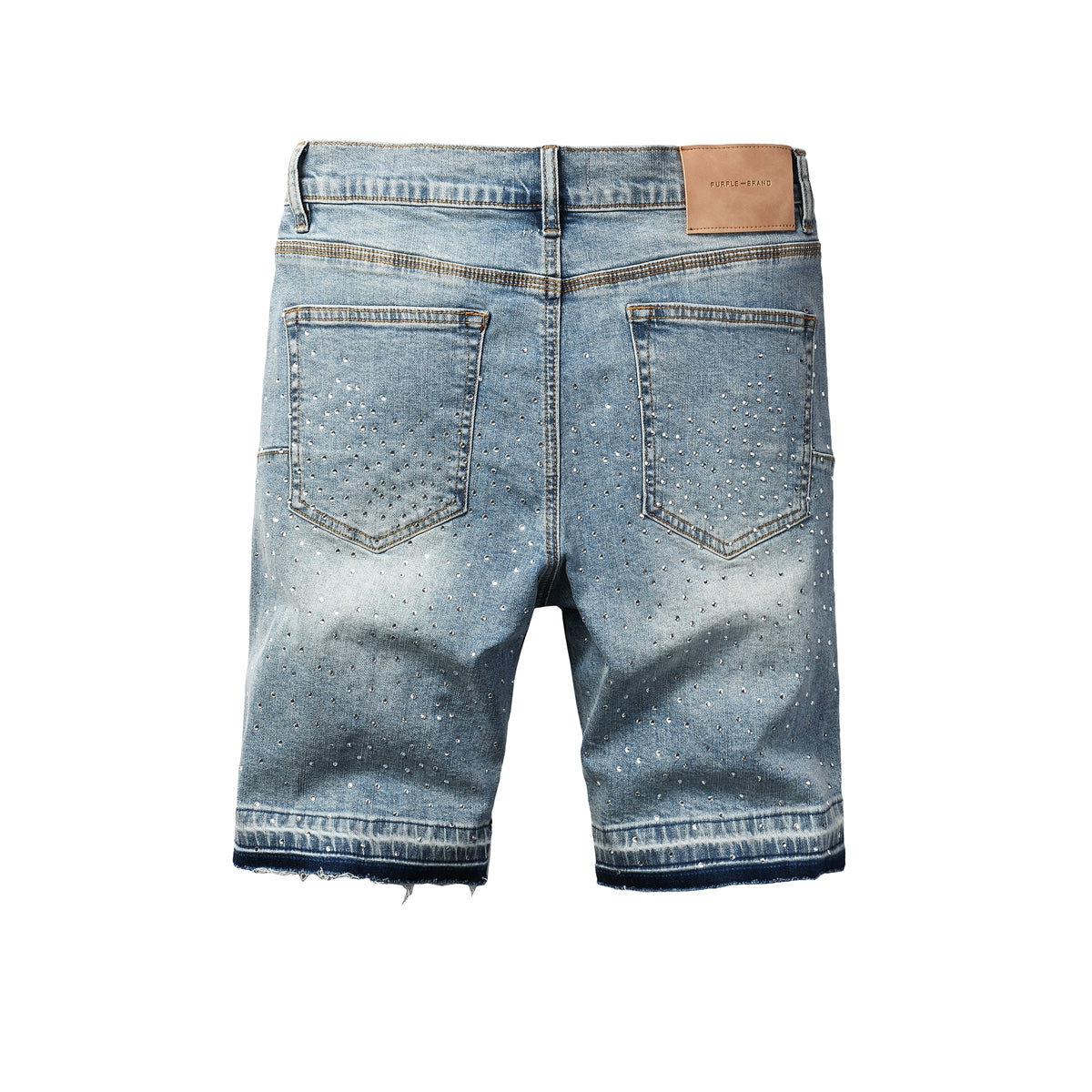 Men’s Light Blue Denim Shorts with Rhinestone Cross Embellishments and Sparkling Studs 5098