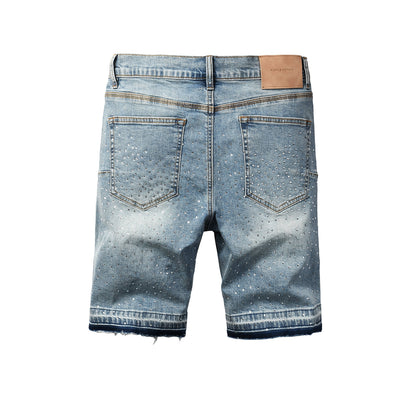 Men’s Light Blue Denim Shorts with Rhinestone Cross Embellishments and Sparkling Studs 5098