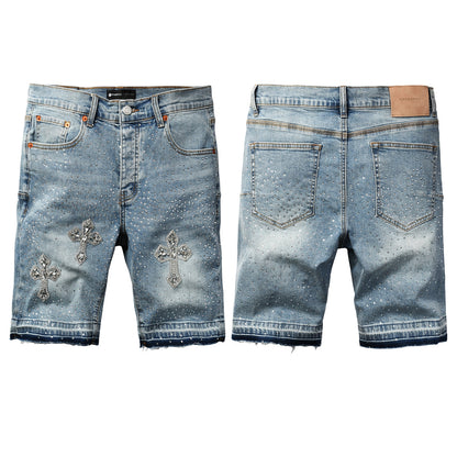 Men’s Light Blue Denim Shorts with Rhinestone Cross Embellishments and Sparkling Studs 5098