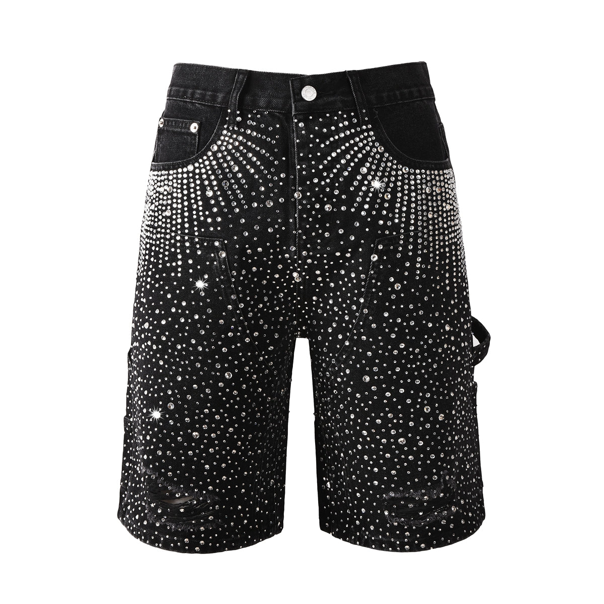 Luxury Bling Men's Black Jean Shorts Covered in Shiny Rhinestones for Night Out Fashion 5099