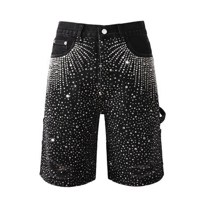 Luxury Bling Men's Black Jean Shorts Covered in Shiny Rhinestones for Night Out Fashion 5099