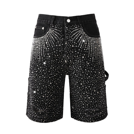 Luxury Bling Men's Black Jean Shorts Covered in Shiny Rhinestones for Night Out Fashion 5099