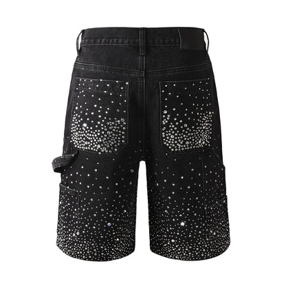 Luxury Bling Men's Black Jean Shorts Covered in Shiny Rhinestones for Night Out Fashion 5099