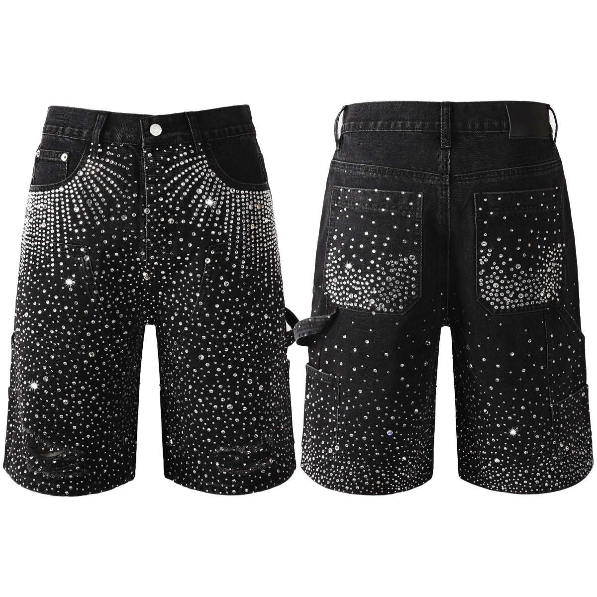 Luxury Bling Men's Black Jean Shorts Covered in Shiny Rhinestones for Night Out Fashion 5099