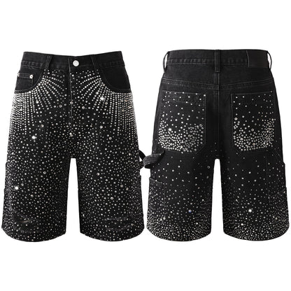 Luxury Bling Men's Black Jean Shorts Covered in Shiny Rhinestones for Night Out Fashion 5099